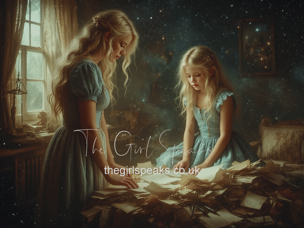 Two blonde girls in blue dresses standing at a table covered with scattered papers, symbolising a child beginning to understand her story.