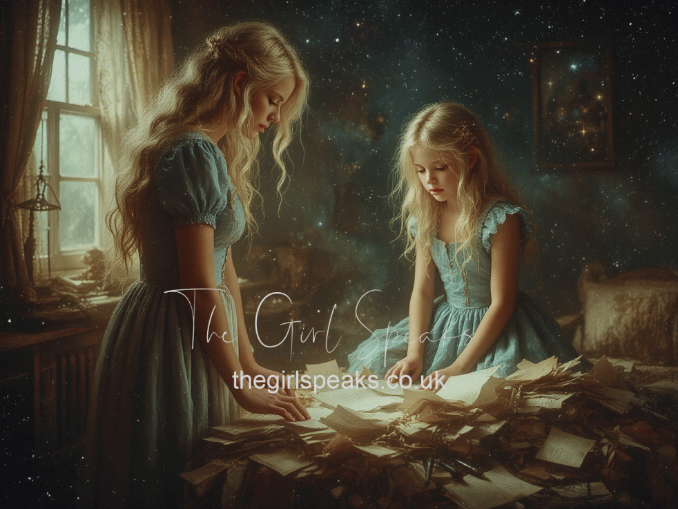 Two blonde girls in blue dresses standing at a table covered with scattered papers, symbolising a child beginning to understand her story.